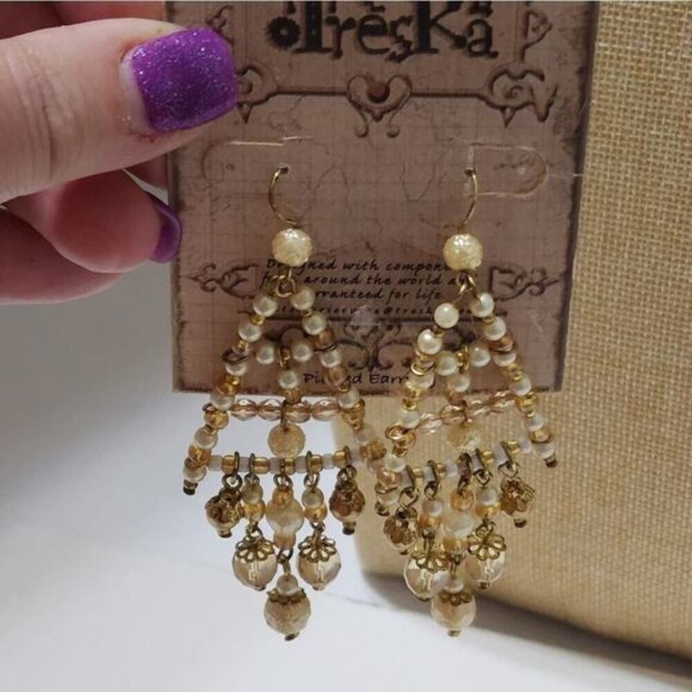 Treska Beaded Chandelier Earrings Gold Cream Amber Pearl Statement Drop Boho New